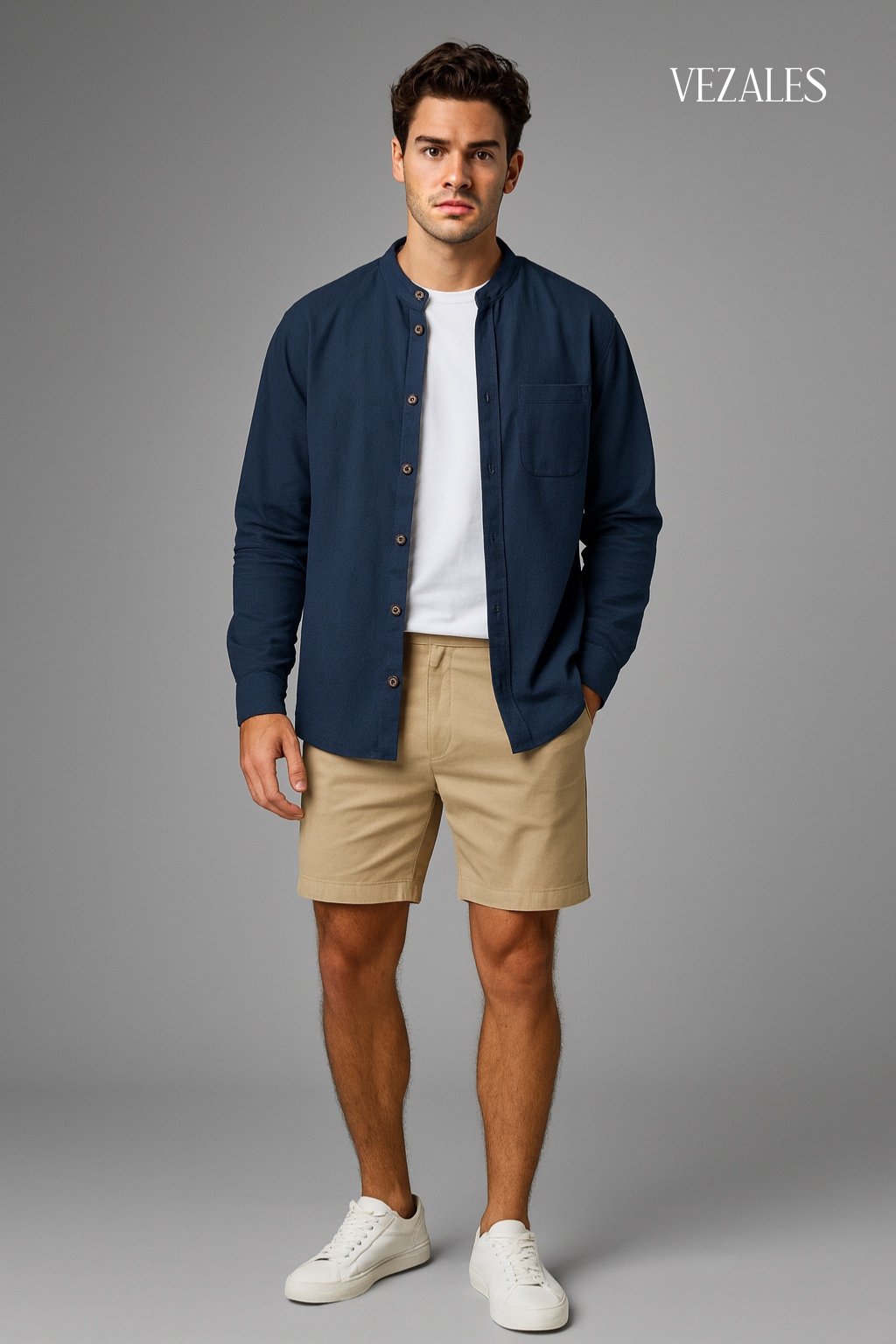 Camisa cuello mandarín azul añil oscuro