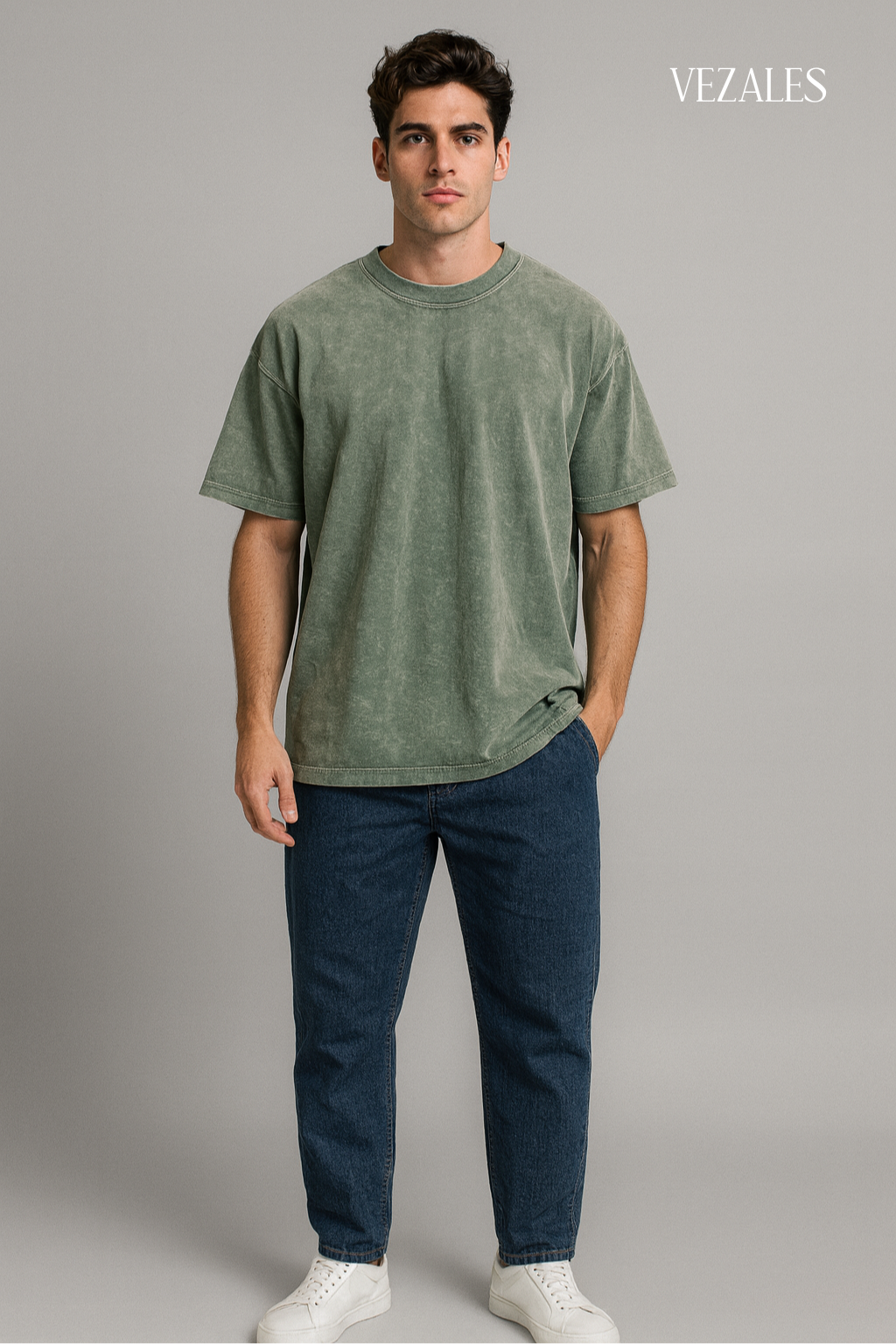 Polo oversize vintage verde desgastado algodón 100% 240 gm