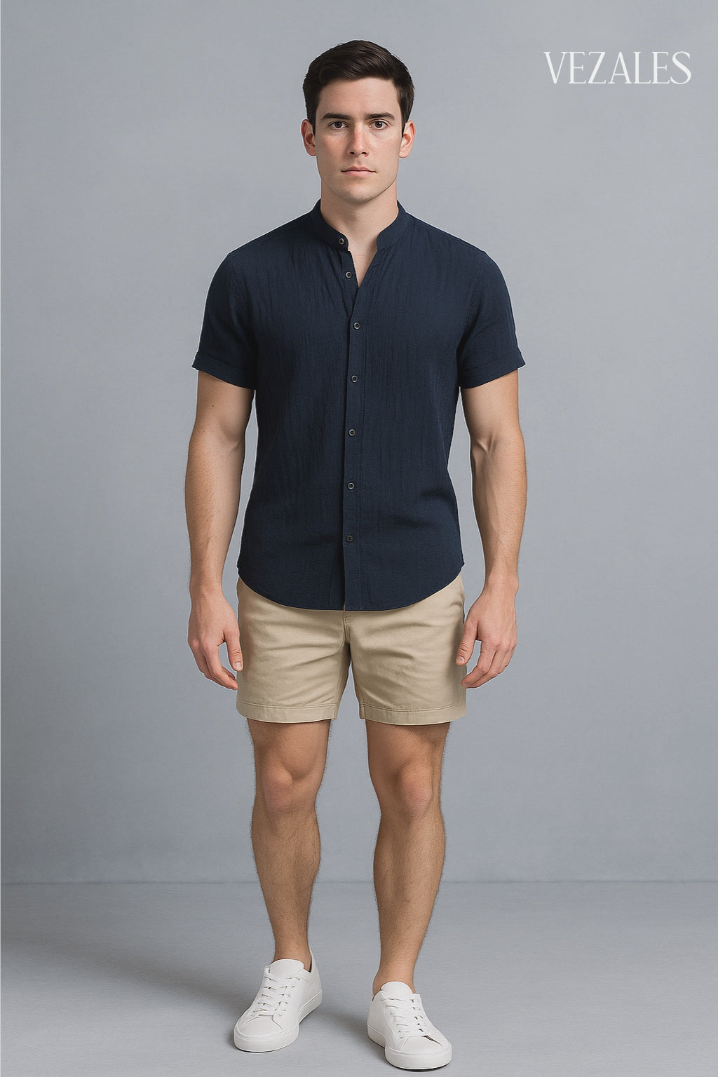 Camisa Casual Azul Marino de Cuello Mao – Manga Corta