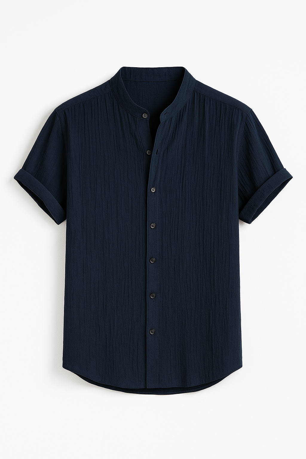 Camisa Casual Azul Marino de Cuello Mao – Manga Corta